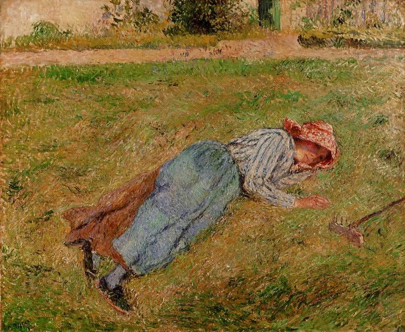 Resting, Peasant Girl Lying on the Grass, Pontoise - Camille Pissarro Paintings